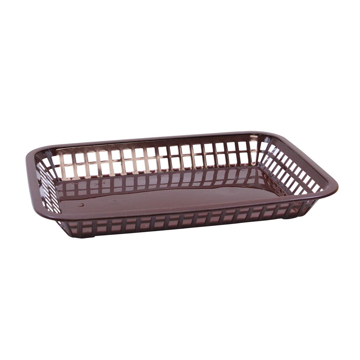 A rectangular, brown Grande Platter Basket with a solid bottom and open grid-patterned sides, placed on a white background. This shallow, heat resistant platter basket is ideal for holding or serving items with style and durability.