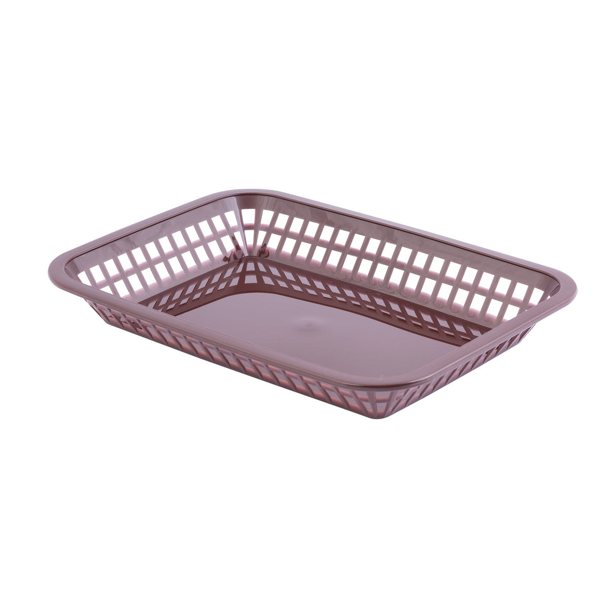 A rectangular plastic Grande Platter Basket with a grid-like pattern on the sides and a solid base. This light brown basket, empty and set against a white background, is heat resistant and dishwasher safe for easy cleaning.