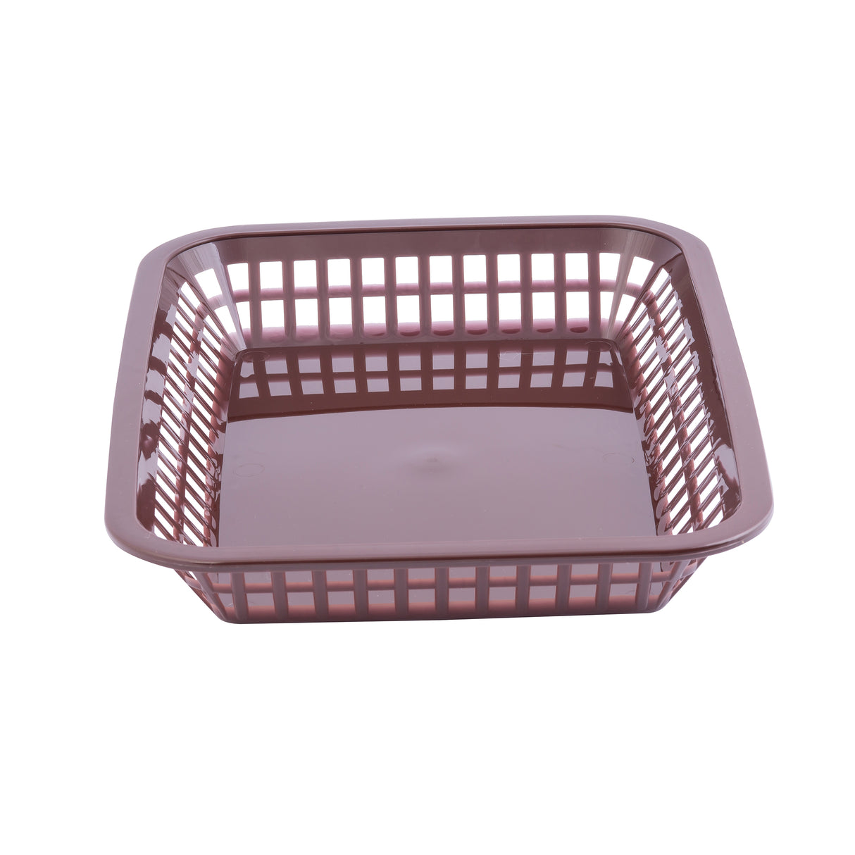 A square, shallow Grande Platter Basket with a grid-like pattern on the sides and a solid base. This reddish-brown dishwasher safe basket is photographed against a plain white background.
