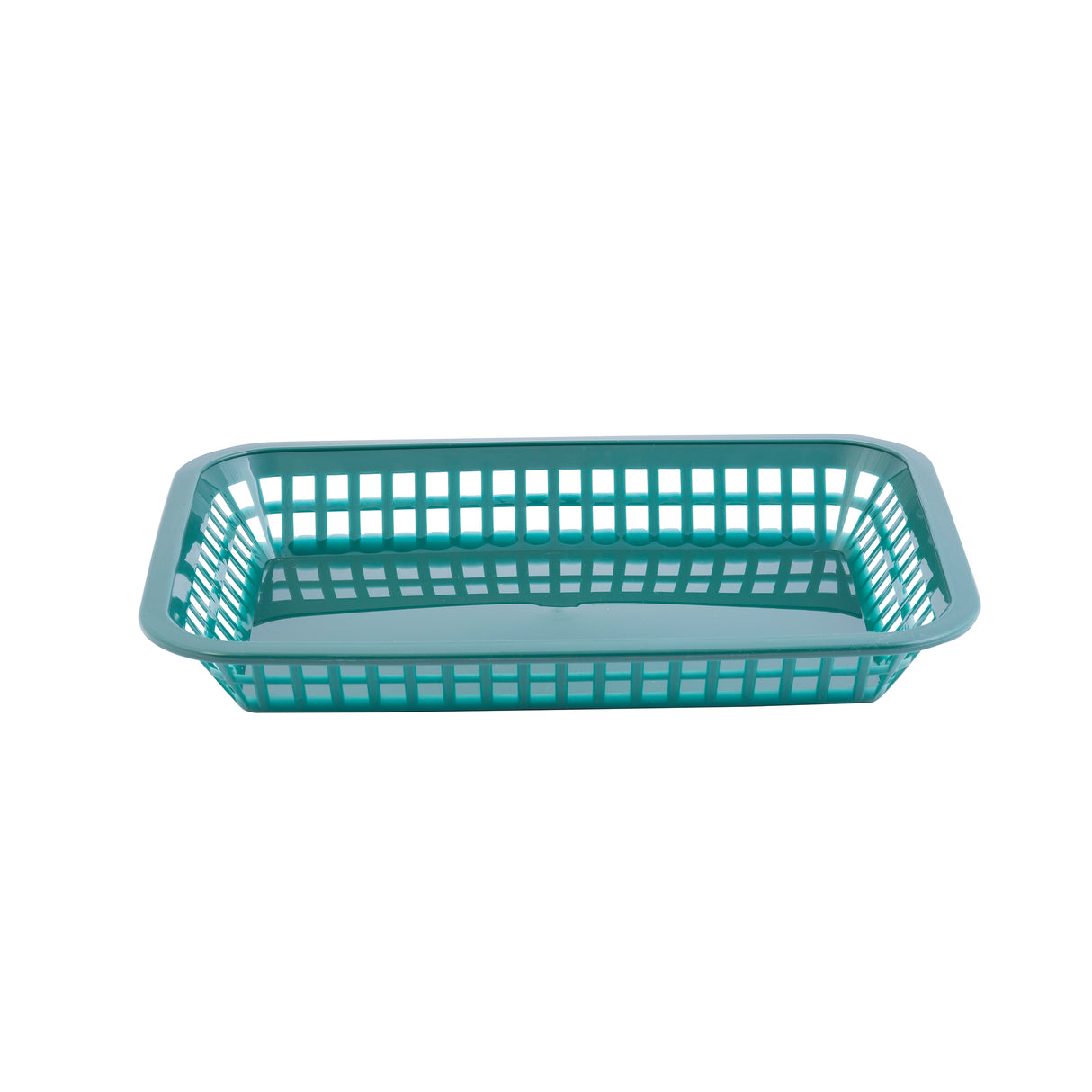A rectangular, teal plastic Grande Platter Basket with a grid-like pattern of square holes on the sides and base, set against a plain white background. This heat resistant basket is both functional and stylish.