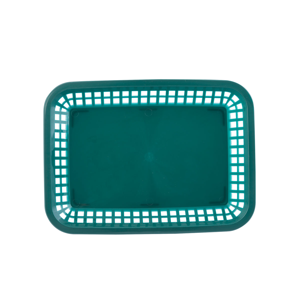 A rectangular, dark teal plastic Grande Platter Basket with a solid base and open grid sides. The basket is empty and photographed from above on a plain white background. Its rounded corners add to the simple, utilitarian design.