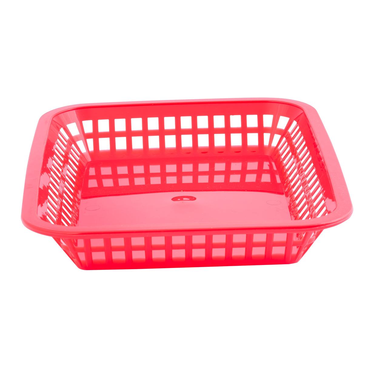 A bright red, square plastic dishwasher safe basket with open grid sides and a solid base, viewed from a high angle on a white background. The empty Grande Platter Basket is perfect for serving food or holding small items.