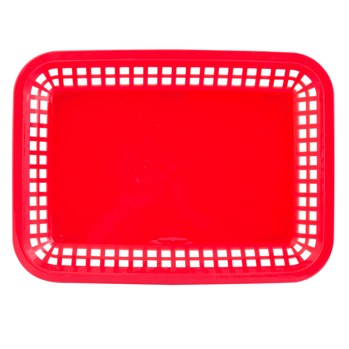A bright red, rectangular Grande Platter Basket with rounded corners and open square grid sides, shown from above on a white background. This dishwasher safe basket is empty and features a glossy finish.