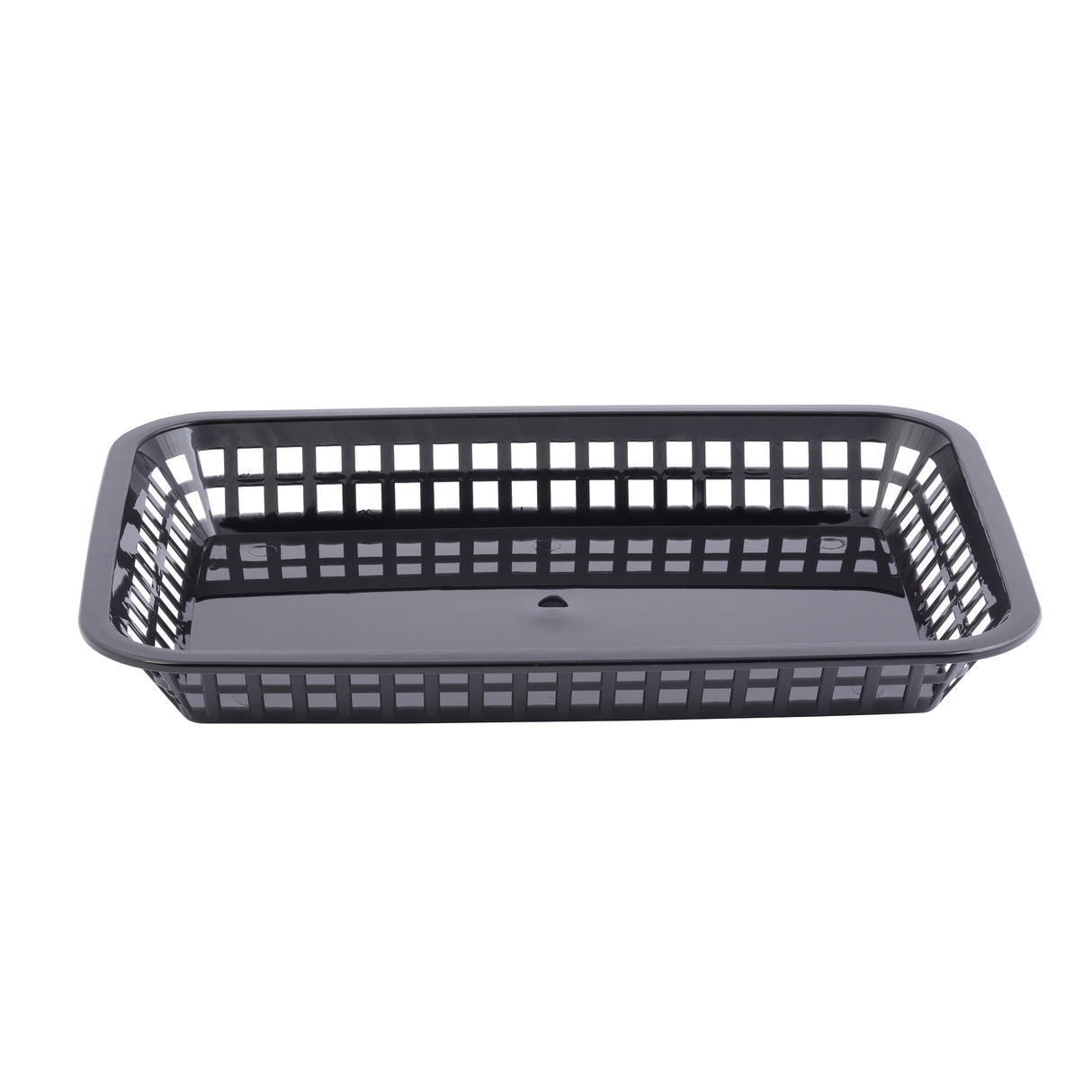 A rectangular, black plastic Platter Basket with open grid sides and a solid base. There is a small circular hole in the center of the base. Heat resistant and Made in USA, the empty basket is pictured against a white background.