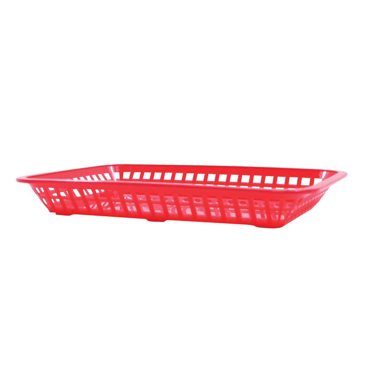 A rectangular, shallow, red plastic dishwasher safe platter basket with open grid sides and bottom, shown against a white background. Slightly flared edges make it perfect for serving fries or snacks at diners or casual restaurants.