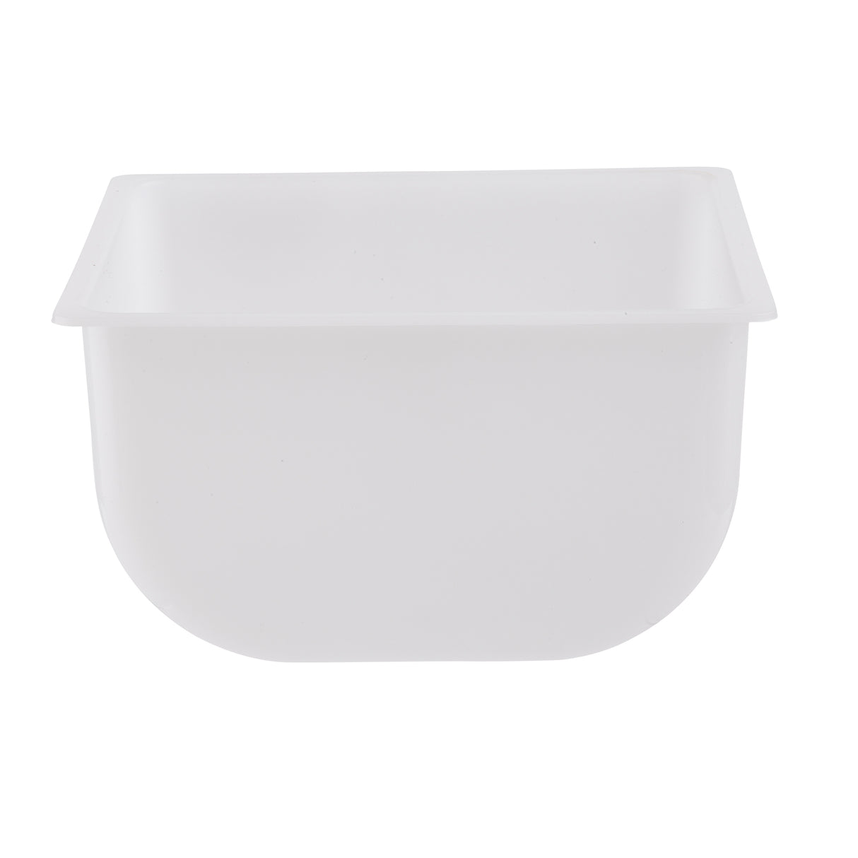 A white, semi-transparent rectangular plastic condiment holder with a rounded bottom and slightly flared rim, set against a plain white background. The dishwasher safe container appears empty and has smooth, clean surfaces.