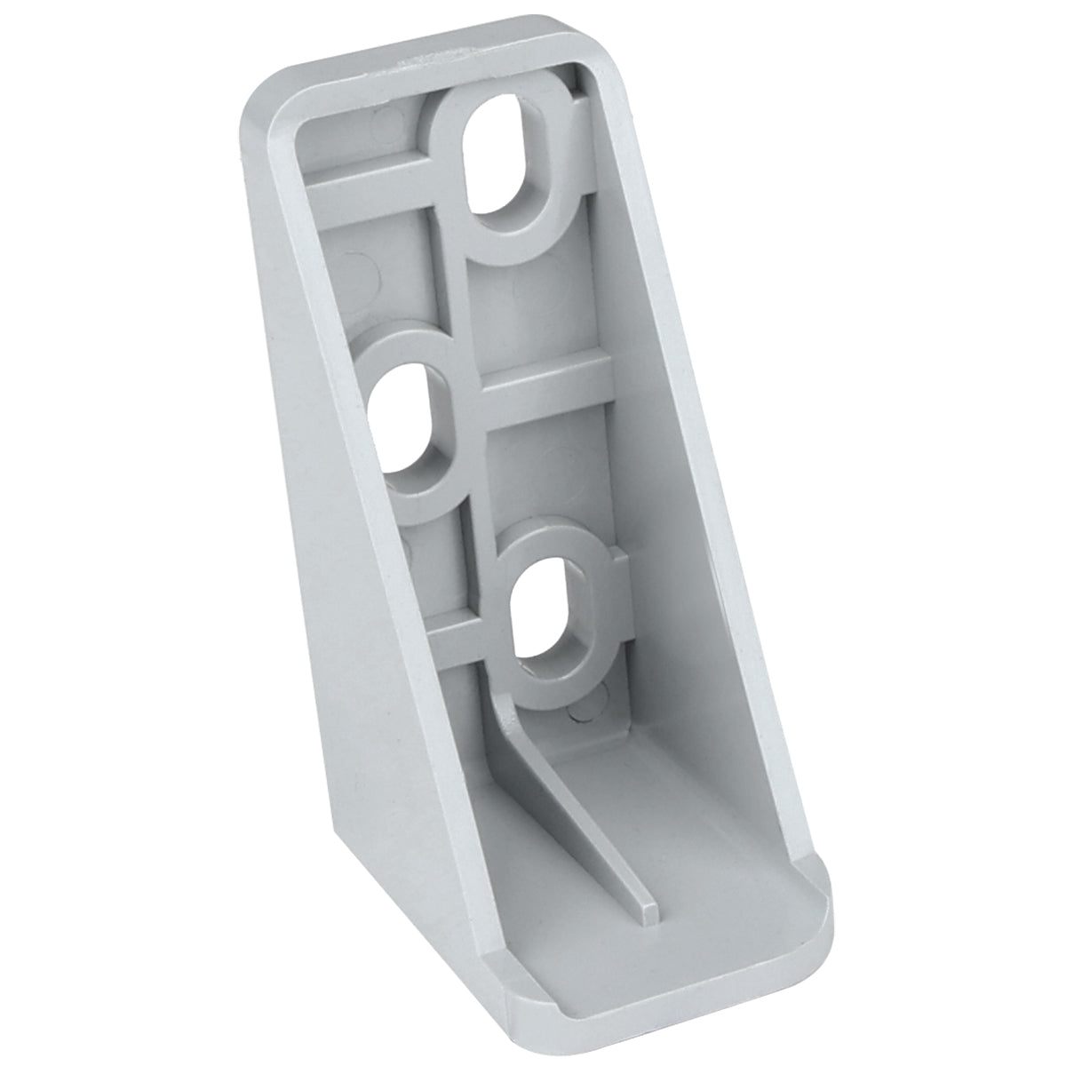 A gray, L-shaped metal door hinge bracket with four circular holes for mounting—two on the vertical face and two on the angled base. Empura Refrigeration parts like this feature ridged reinforcement lines for added strength and smooth, rounded edges.