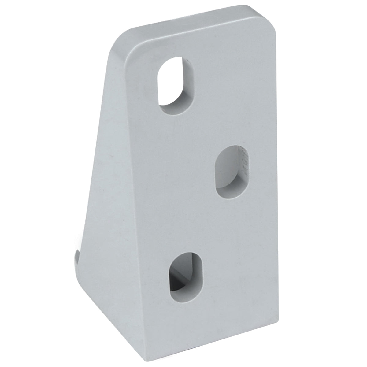 A silver, right-angle Door Hinge Bracket with four oval and circular holes for mounting. This Empura Parts bracket features a smooth finish and is designed for connecting or supporting parts at a 90-degree angle.