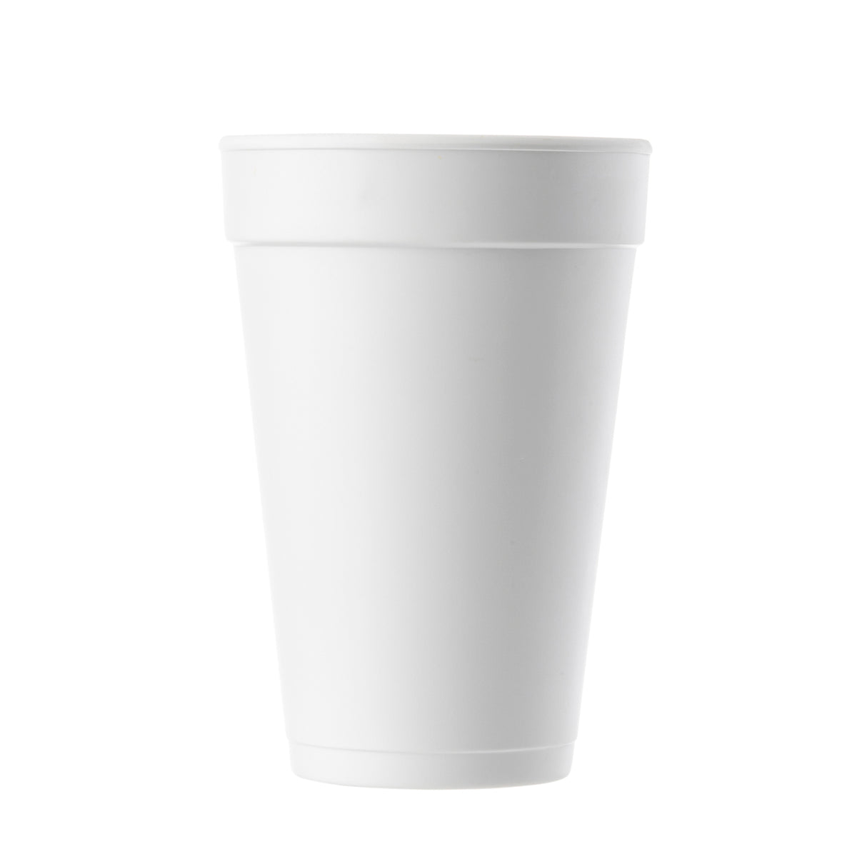 A plain, white, disposable 16 oz. cup is shown upright against a white background. The cylindrical Styrofoam cup features smooth sides, a slightly wider rim, and no visible branding or design from the Better Burger Collection.