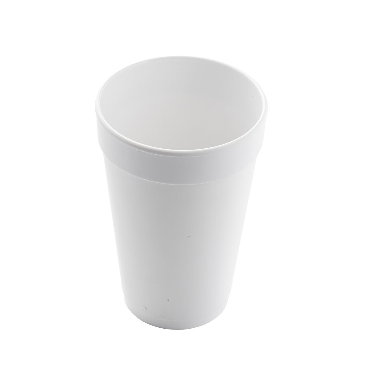 A plain, white, empty 16 oz. cup is shown against a white background. The cup is upright and viewed slightly from above, highlighting its smooth texture and simple, cylindrical shape reminiscent of the Better Burger Collection.