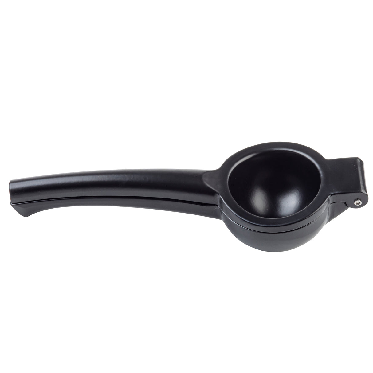 A black TableCraft handheld lemon or citrus juicer made of coated aluminum alloy, shown closed with two long handles and a round fruit compartment, viewed on a white background.