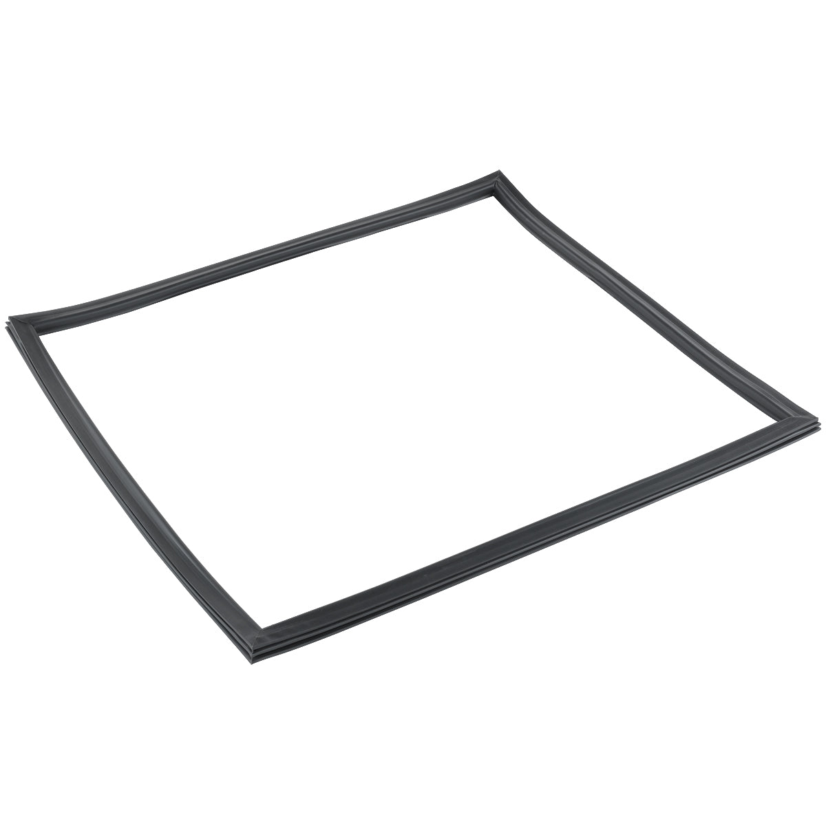 A black, flexible rubber door gasket forms a square frame with slightly uneven edges, lying flat on a white surface. The Empura Refrigeration E-KPP93 gaskets corners are defined but not sharply angled, giving it a simple and utilitarian look.
