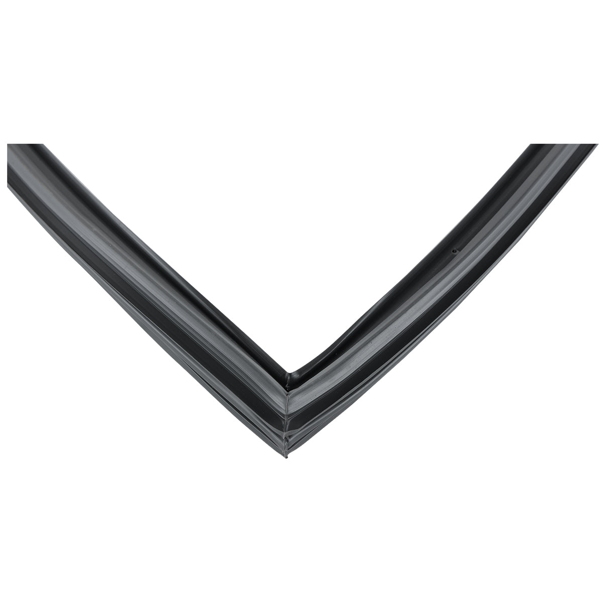 Close-up view of a black rubber door gasket forming a right angle, likely an Empura Refrigeration or appliance weatherstrip seal, against a white background. The edges are smooth with a slight groove and flexible, pliable appearance—ideal for Empura Parts.
