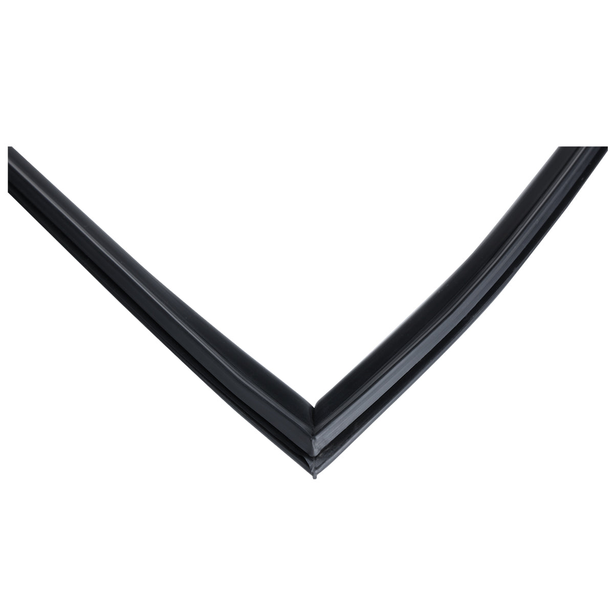 Close-up of a black, V-shaped rubber corner piece with smooth, angled edges, likely a door gasket for Empura Refrigeration or Empura Parts, against a white background. Suitable for window, door, or automotive applications.
