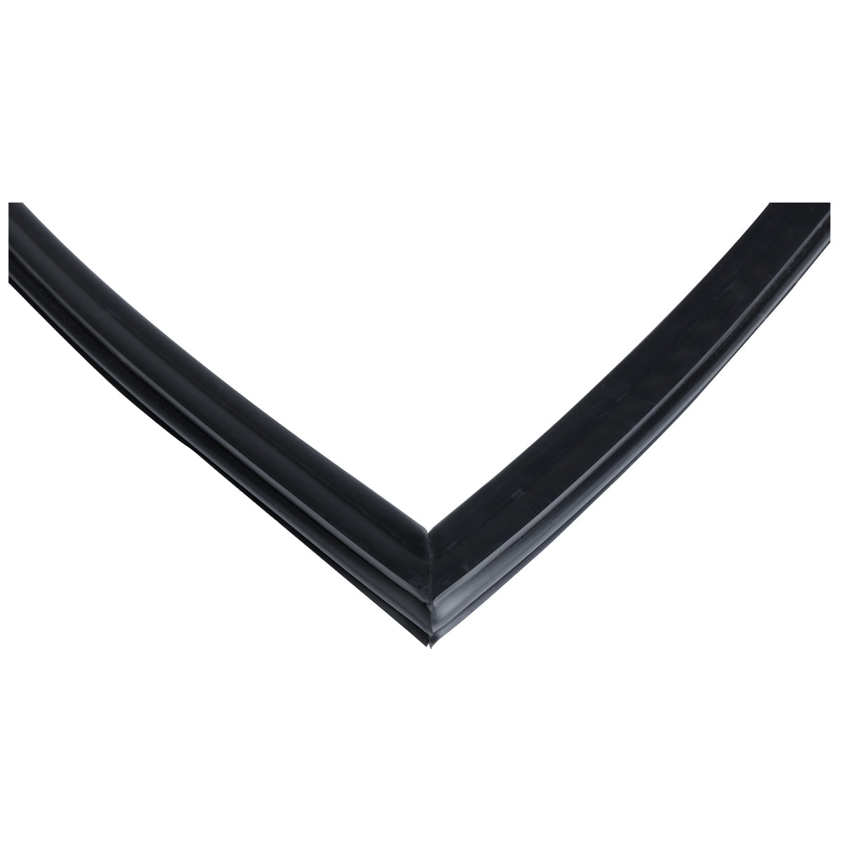 Black rubber door gasket or seal forming a sharp right angle, photographed on a white background. The E-KBB903B model from Empura Refrigeration features a smooth finish and is ideal for sealing corners, possibly in windows or doors.