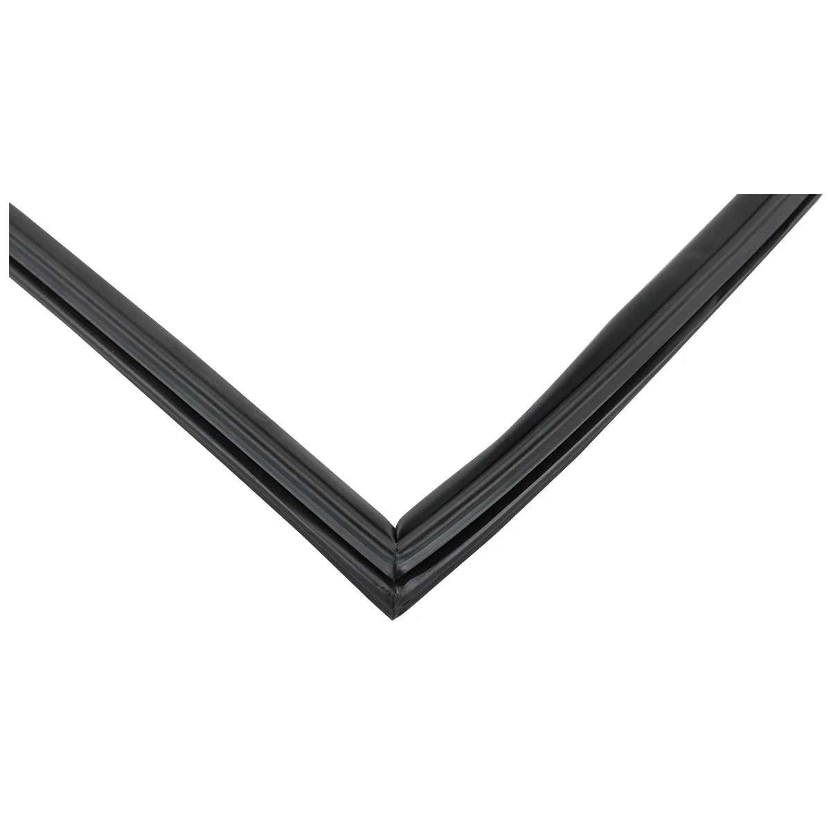 Close-up view of two black rubber weatherstrips, part of the E-KBB602B Door Gasket for Empura Refrigeration, forming a right angle at the corner. The smooth, glossy strips have slightly rounded edges, set against a plain white background.