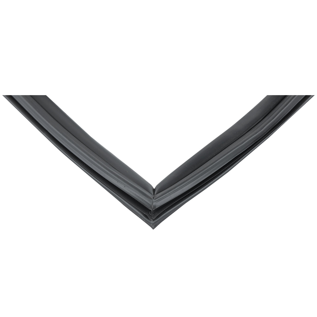 Close-up of a black rubber E-KCBR48 Door Gasket forming a sharp V shape with overlapping edges, likely used as a seal for doors or windows in Empura Refrigeration units. The flexible, smooth material suggests durability and protection against air or water.