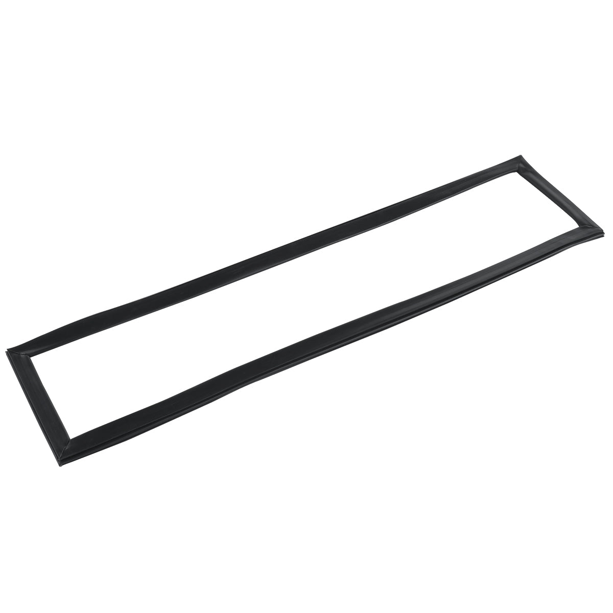 A rectangular black rubber door gasket, compatible with Empura Refrigeration units like the E-KCBR48, lies flat against a white background. It features slightly rounded edges and is designed to create a flexible, reliable seal between two surfaces.