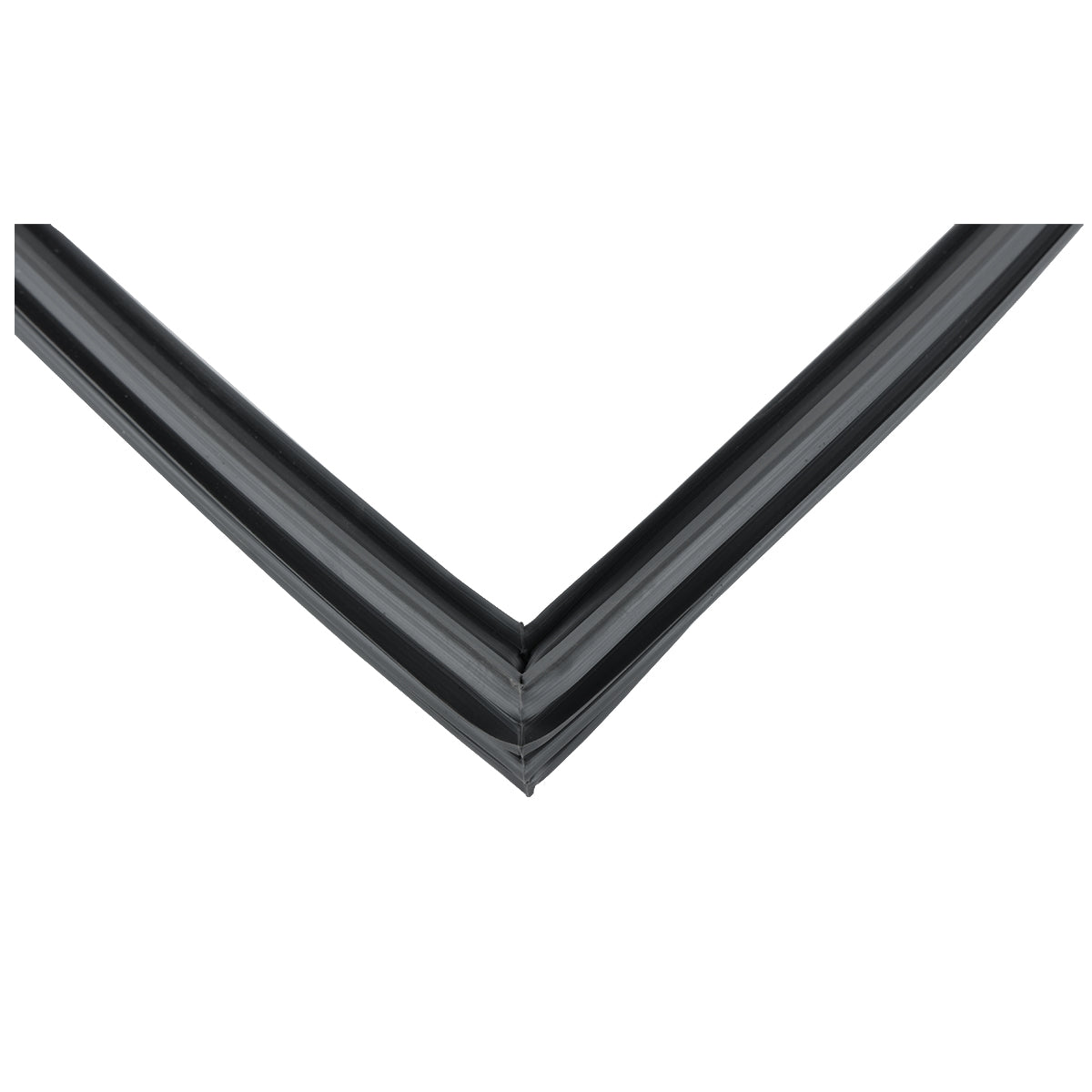 Close-up of an E-KUC27 door gasket bent at a right angle, forming an L-shape. The black rubber strip features smooth, slightly glossy surfaces and grooves along its length. Compatible with Empura Refrigeration units. Plain white background.