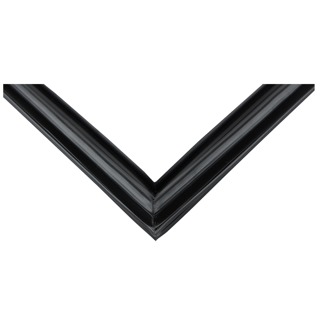 A close-up view of a black picture frame corner, shown at a right angle. The frame’s glossy finish and subtle ridges evoke the sleek, modern design seen in Empura Refrigeration or E-KDD1 Door Gasket components against a white background.