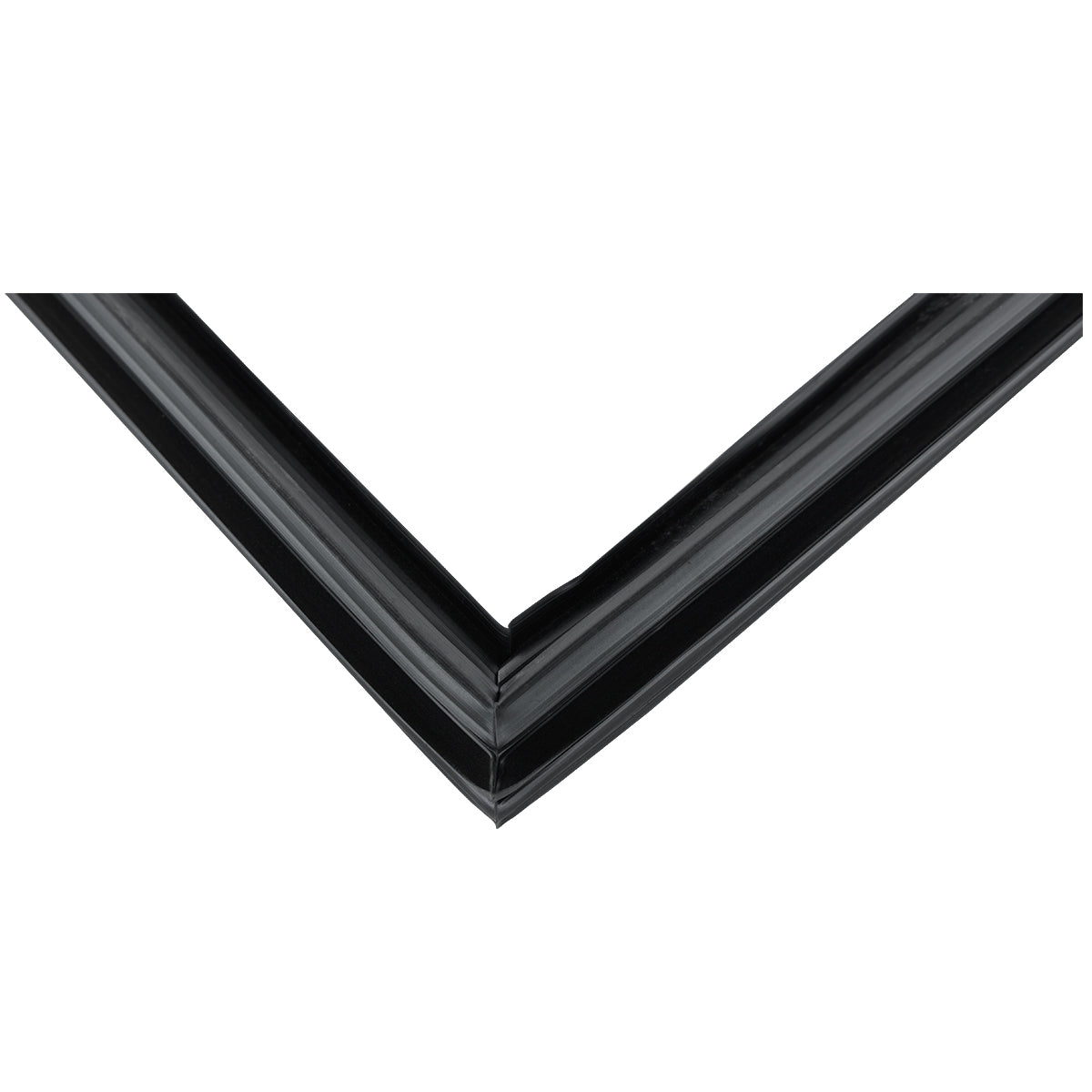Close-up view of the corner of a black picture frame with a glossy finish, its mitered joint reflecting light, similar to the clean lines seen in Empura Refrigeration or Door Gasket designs like E-KBB48-2G-24.