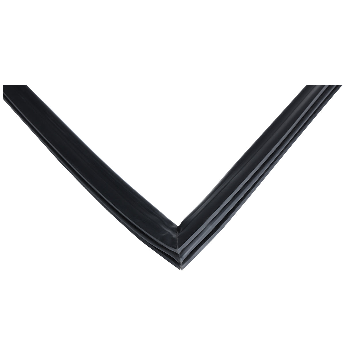 Black rubber weatherstripping, often used as a door gasket in Empura Refrigeration systems, forms a sharp, clean 90-degree corner against a white background. The material appears flexible and smooth with subtle reflections, highlighting the precise joint.