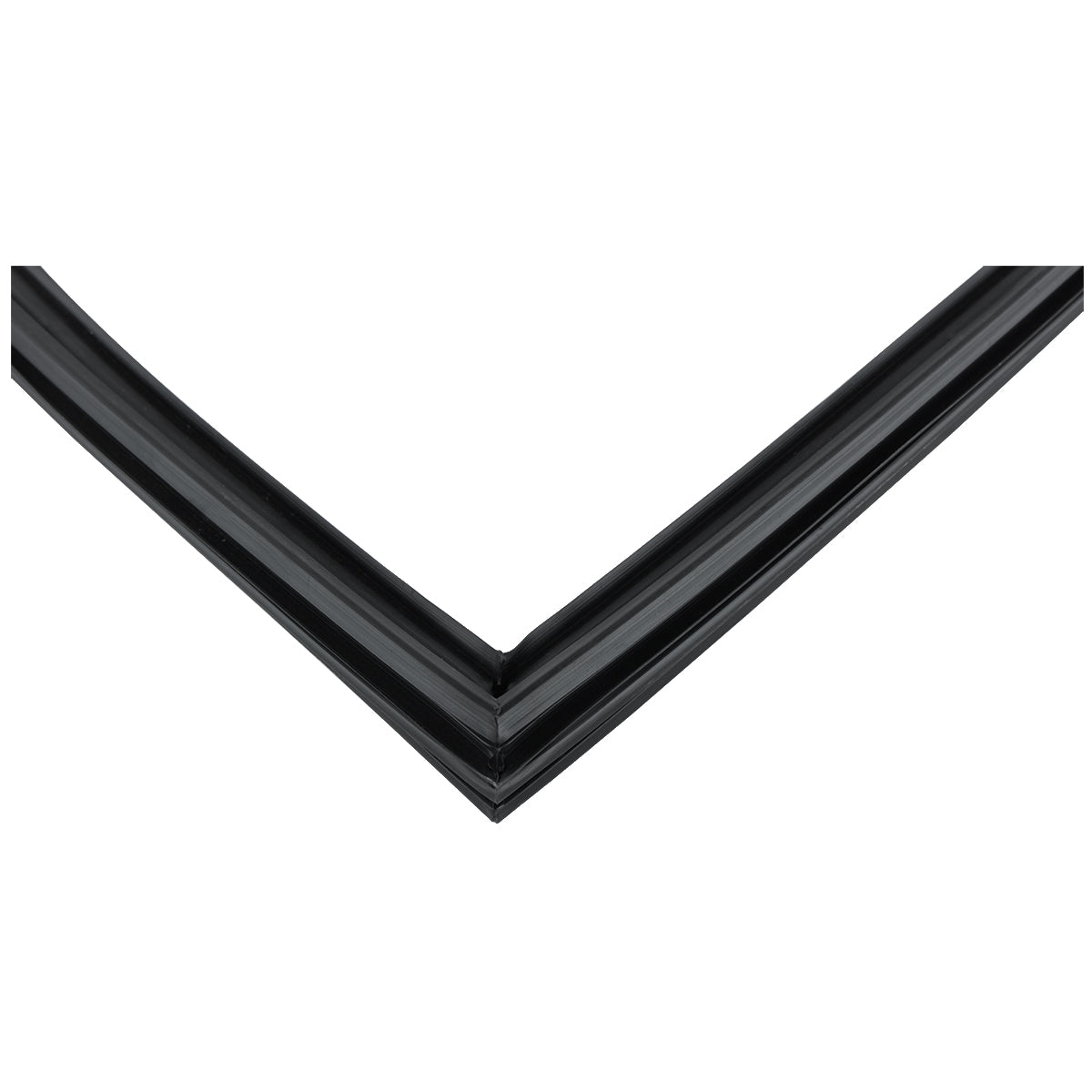 Close-up of a black rubber or plastic strip, bent at a sharp 90-degree angle, creating a V shape on a white background. This Door Gasket, compatible with Empura Refrigeration E-KBB72-3G-24 units, features slight grooves and a smooth texture.