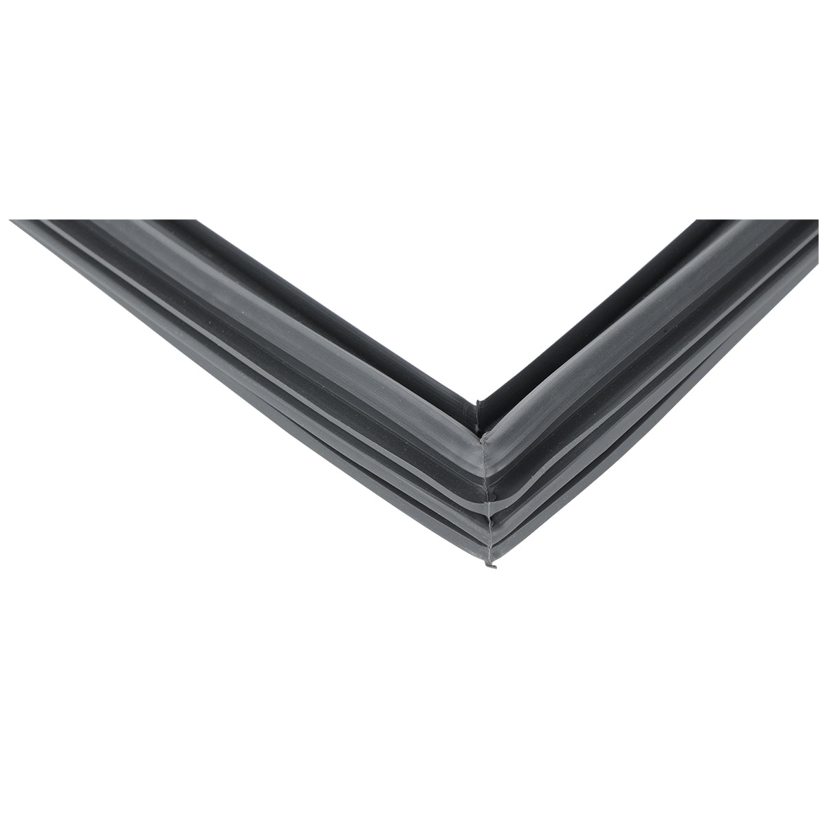 A close-up view of a black rubber Empura Refrigeration door gasket, featuring clean lines and grooves. The gasket is joined at a right angle, commonly used for sealing doors or windows. The background is plain white.