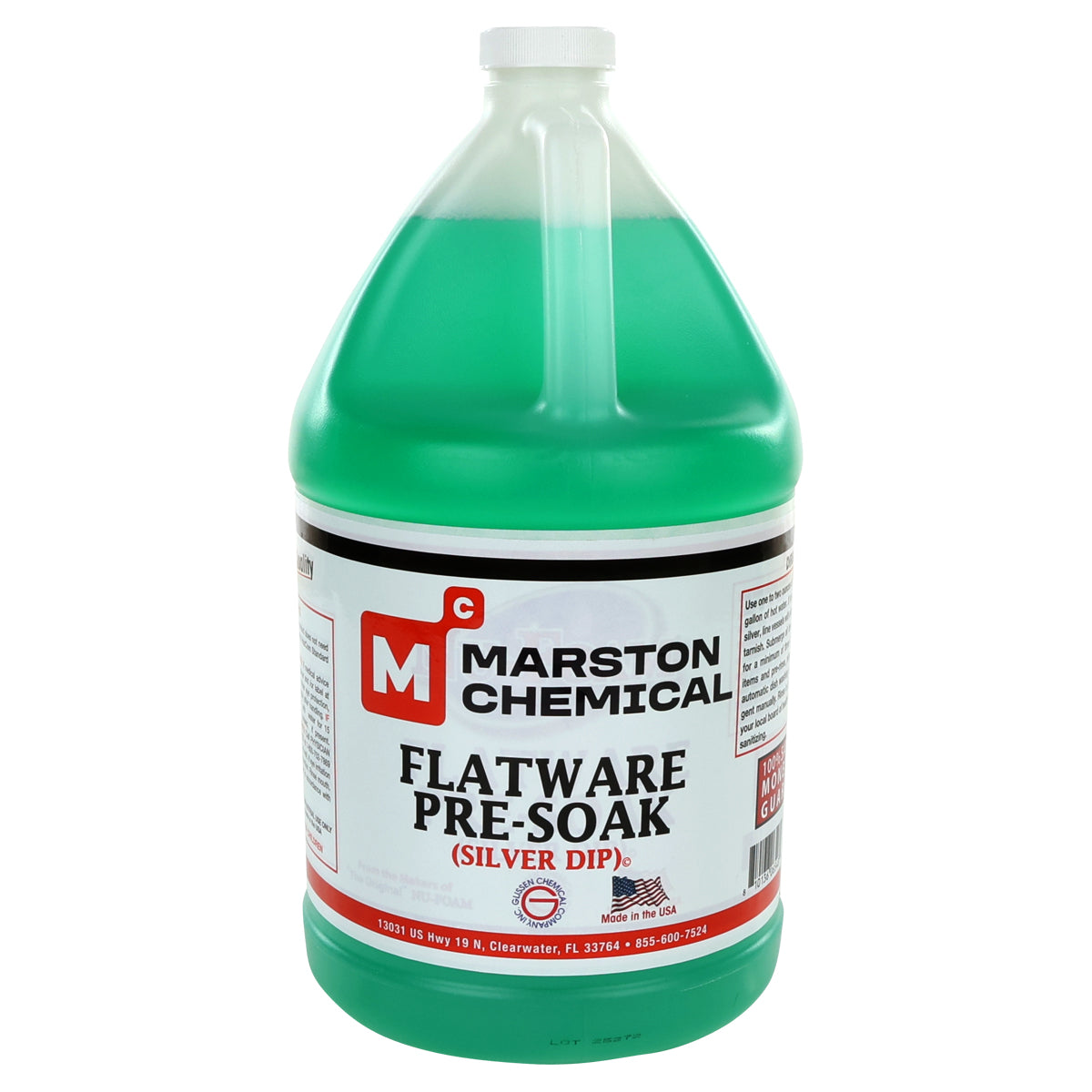 A large clear plastic jug filled with green liquid, labeled Marston Chemical Flatware Pre-Soak (Silver Dip), a powerful tarnish remover. The bottle has a white cap and a label with red, white, and black text featuring usage instructions.