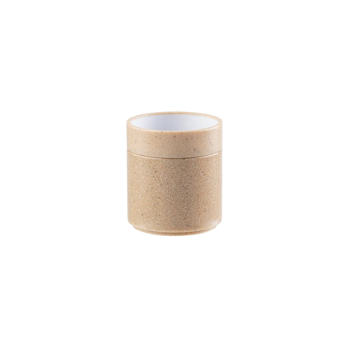 A small, cylindrical bowl with a matching lid, both in a light brown, speckled texture that resembles cork or an eco-friendly material. Dishwasher safe for easy cleaning, the white interior adds a fresh touch. The container is centered on a plain white background.