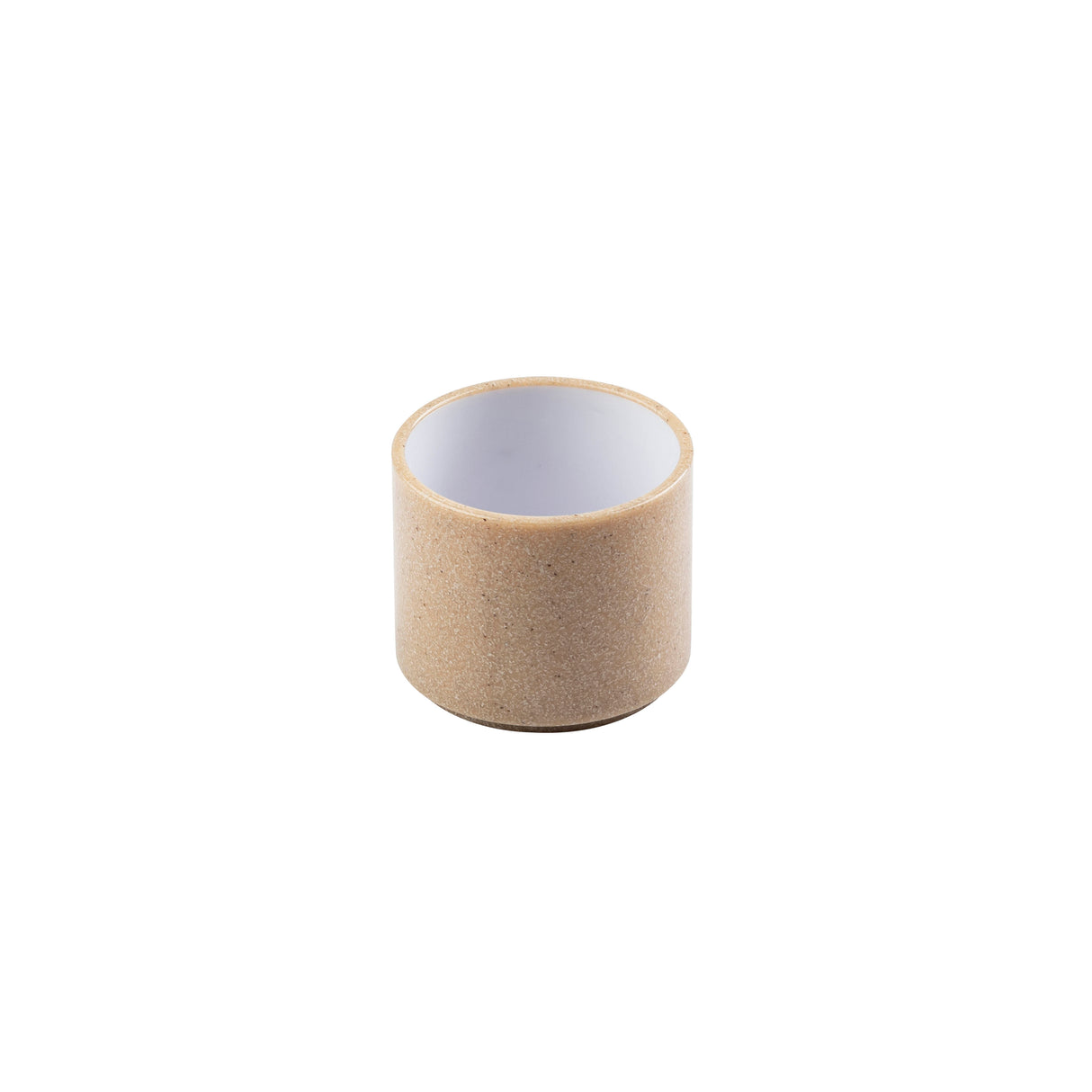 A small, cylindrical cup with an unglazed, beige, textured exterior and a smooth, white interior. Dishwasher safe and stackable, this minimalist piece is ideal for tea or espresso—combining both style and function in your daily ritual.