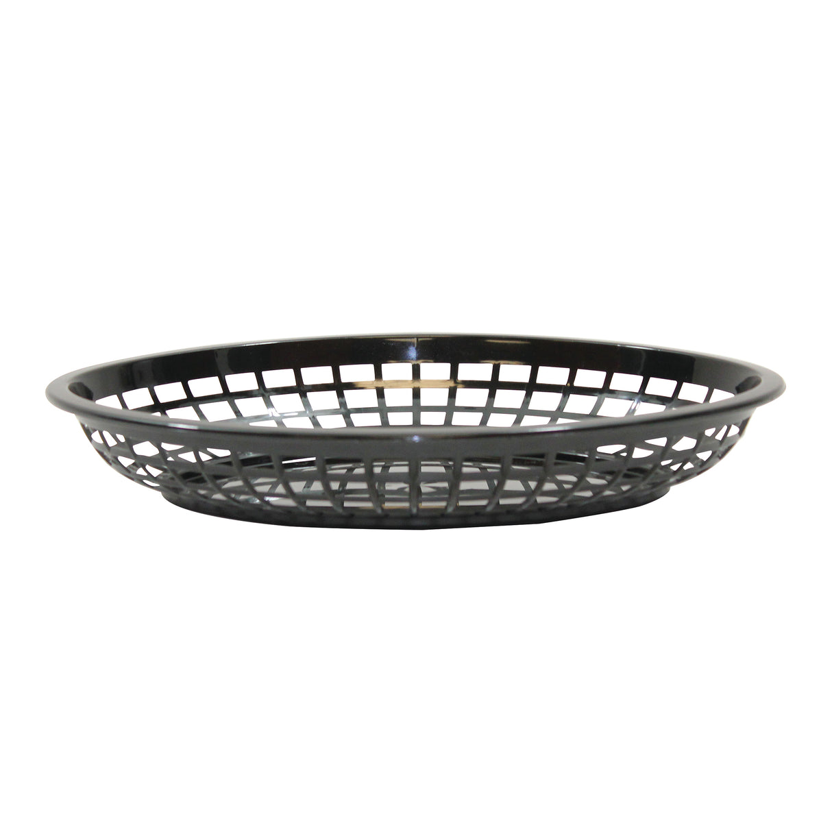 A black, round polypropylene basket with a grid-like open weave pattern. The shallow basket sits on a white background, empty to display its structure and flat base. Durable and dishwasher safe for easy cleaning.