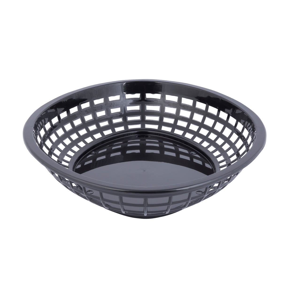 A black polypropylene basket with a round, shallow shape and an open grid design on the sides, placed on a white background. The basket’s base is solid, while the sides feature evenly spaced square openings. Dishwasher safe for easy cleaning.