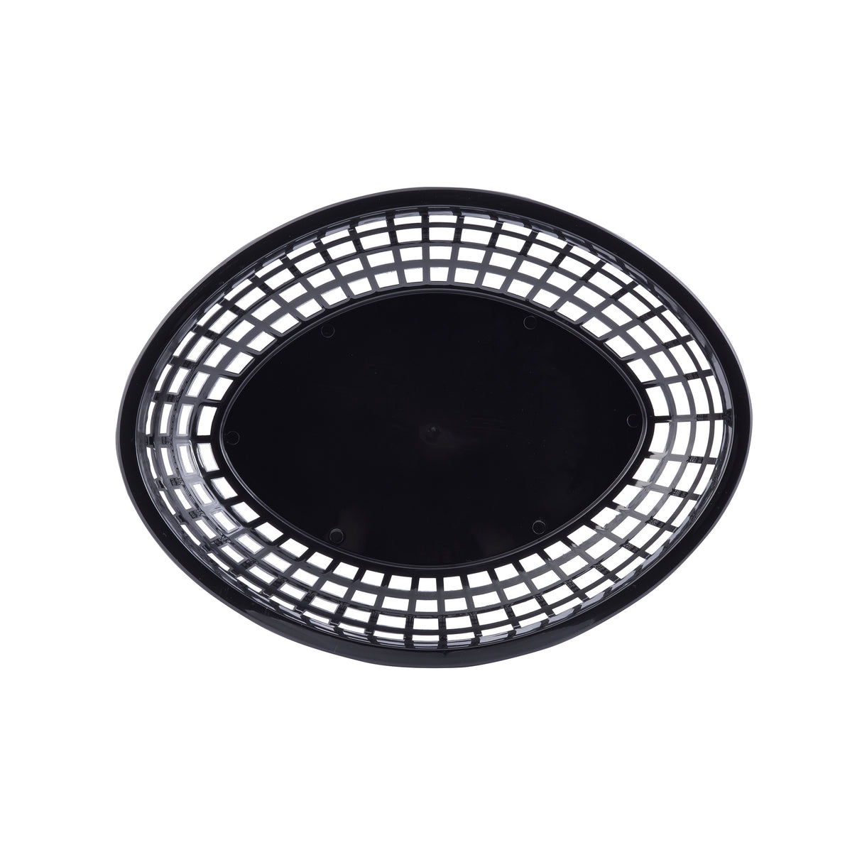 A black, oval-shaped polypropylene basket with a solid base and a grid-like, open-weave pattern around the sides, shown from above on a white background.