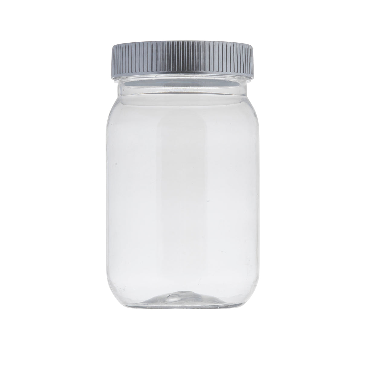 A clear, empty 16 oz. plastic jar with a wide mouth and a ribbed, silver-colored screw-on lid, photographed against a white background. The cylindrical Mason Jar has smooth sides and no labels or markings.