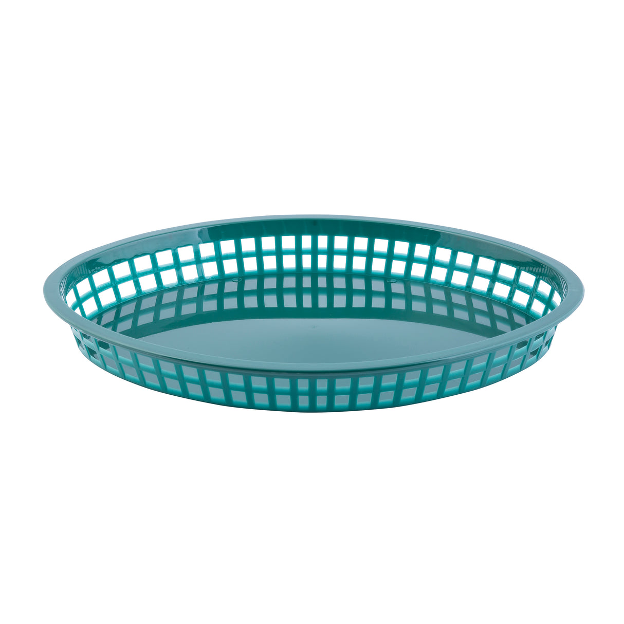 A round, teal Texas Platter Basket with a flat base and open grid sides, shown against a white background. This shallow, lightweight basket is heat resistant, making it perfect for holding food items or small objects.