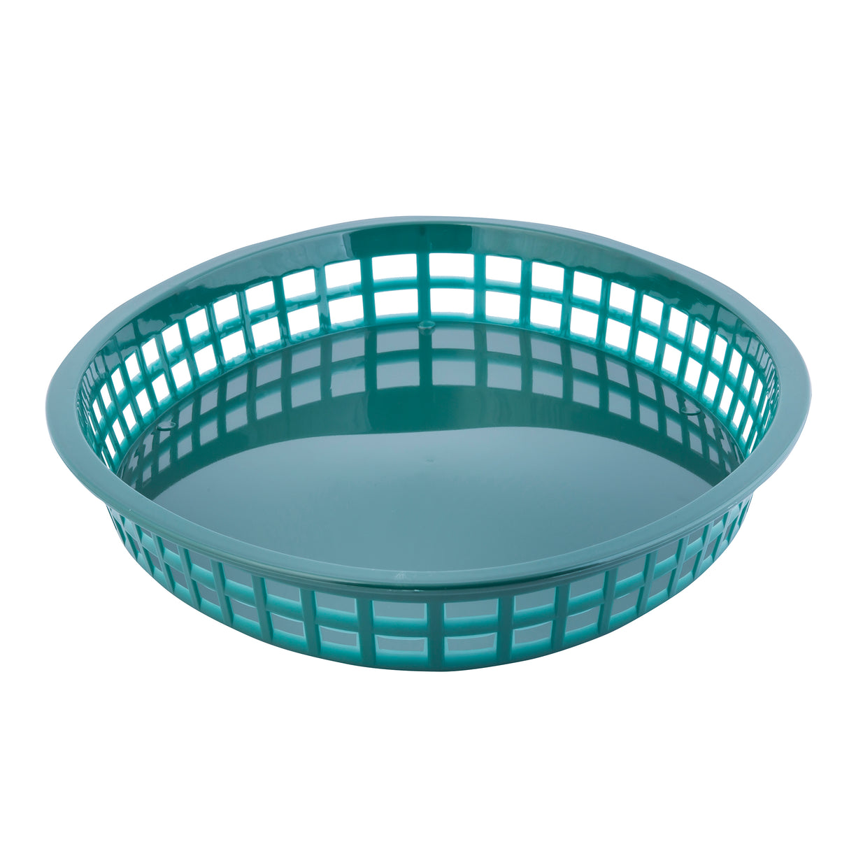A round, teal Texas Platter Basket with an open grid design on the sides and a solid base, placed on a white background. This lightweight, heat resistant basket is ideal for holding or draining items with ease.