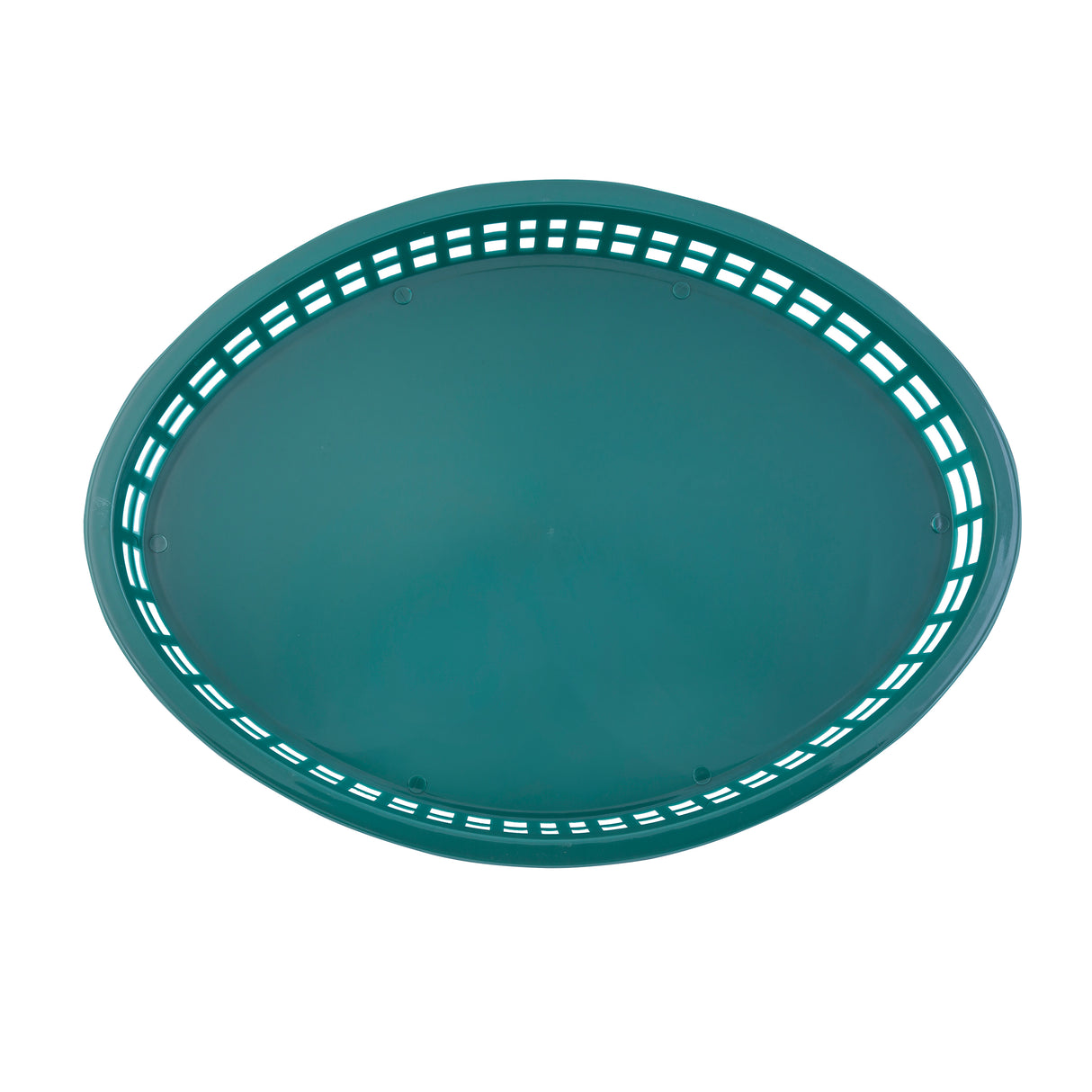 A teal, oval-shaped Texas Platter Basket is shown from above. With a solid base and a rim of rectangular cutouts for ventilation or grip, this heat resistant basket has a smooth, clean surface perfect for serving food safely.