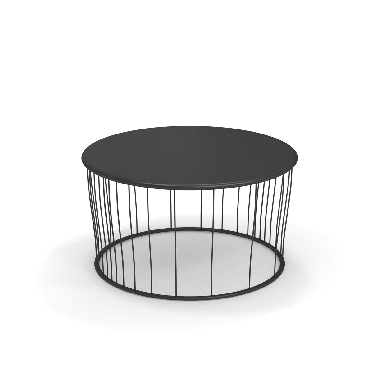 A modern round coffee table with a solid black top and an open, steel wire base made of vertical black rods evenly spaced around the circumference, ideal as an outdoor/indoor table, placed on a white background.