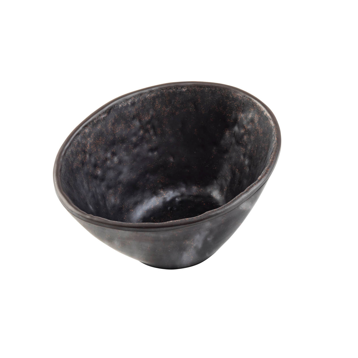 An asymmetrical, dark Lunara Collection Bowl with a rough, textured surface and a slightly uneven rim. Its matte black and brown finish evokes a rustic, handcrafted look, reminiscent of a stone pattern bowl. Photographed on a plain white background.