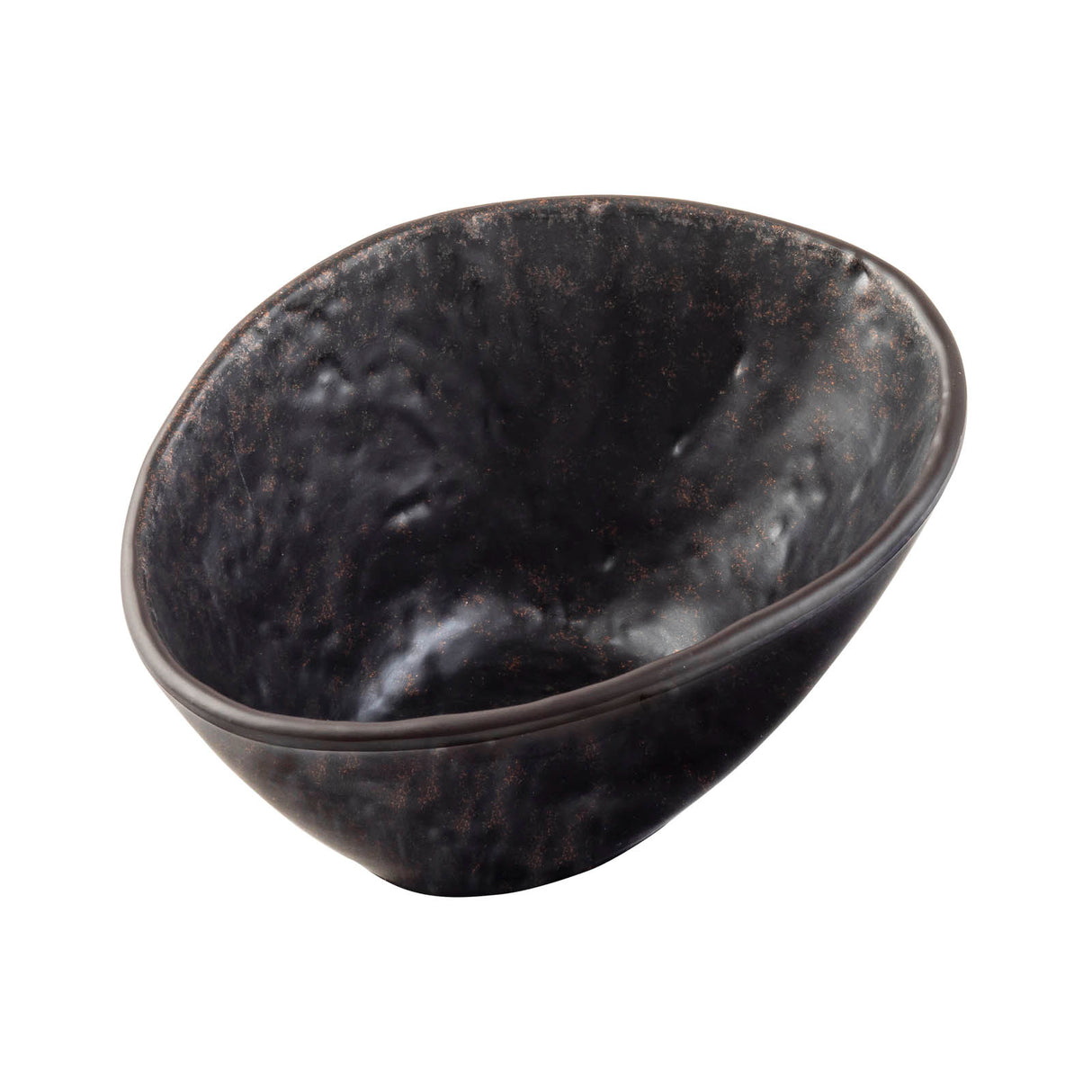 A dark, irregularly shaped ceramic bowl with a textured, stone pattern surface and an uneven rim. The bowl has a somewhat organic, handmade appearance and is photographed on a white background.