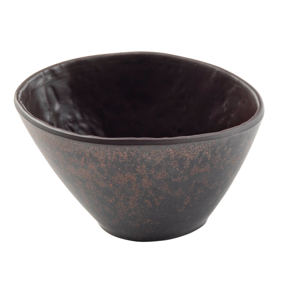 A dark brown Lunara Collection Bowl featuring a textured, matte finish and smooth, glossy interior. Its slightly irregular, hand-crafted shape is complemented by a subtle stone pattern and sits on a white background.