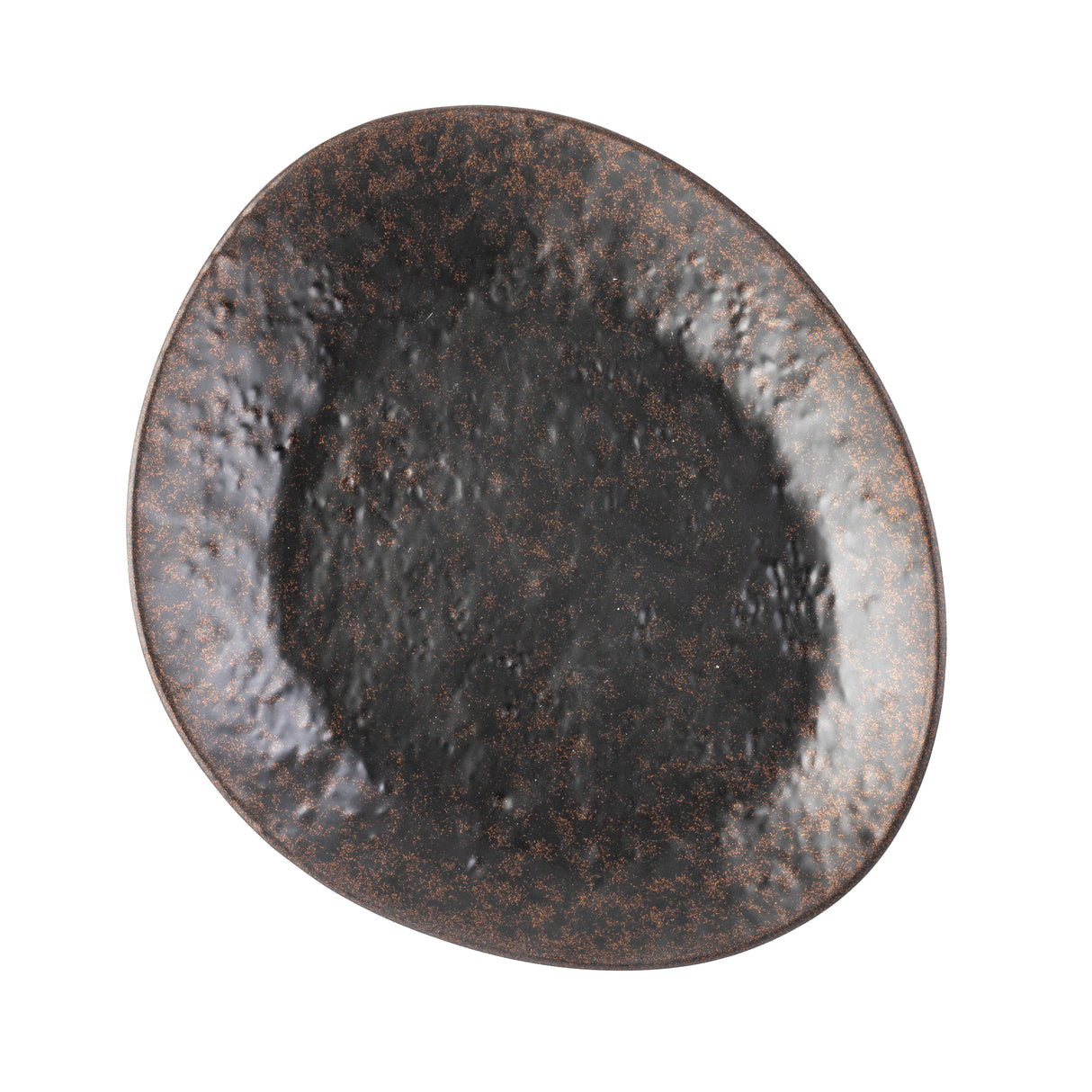 A large, irregularly shaped Lunara Collection Plate with a textured, dark brown surface and subtle stone pattern. This handcrafted piece features an uneven rim and slightly oval form, beautifully displayed against a white background.