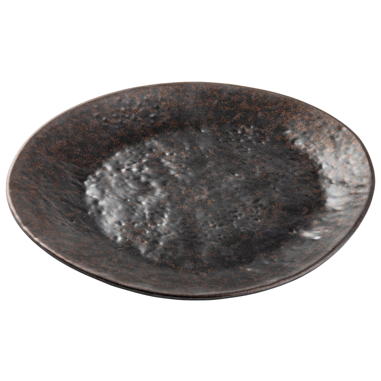 A round, shallow Lunara Collection Plate with a rustic, hammered texture and an uneven, wavy rim. Its mottled brown and black stone pattern finish gives it an earthy, handcrafted look. The background is white.