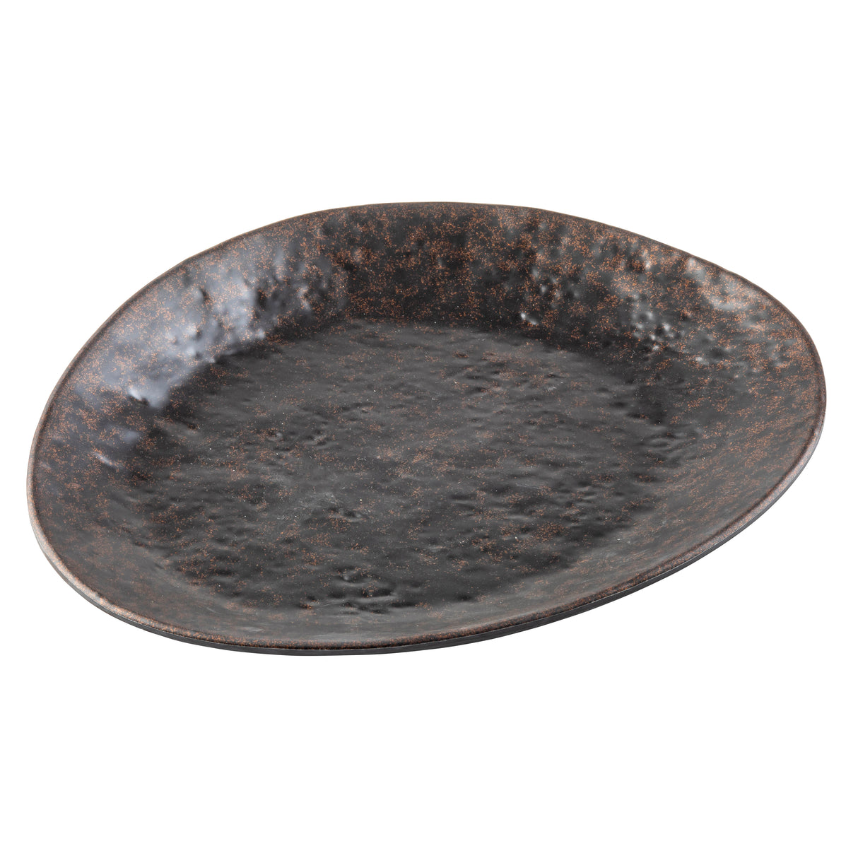 A large, round ceramic plate with an irregular, organic shape and a slightly raised edge. The plate features a textured, stone pattern in speckled dark brown and black, giving it a rustic, handmade appearance. The background is plain white.