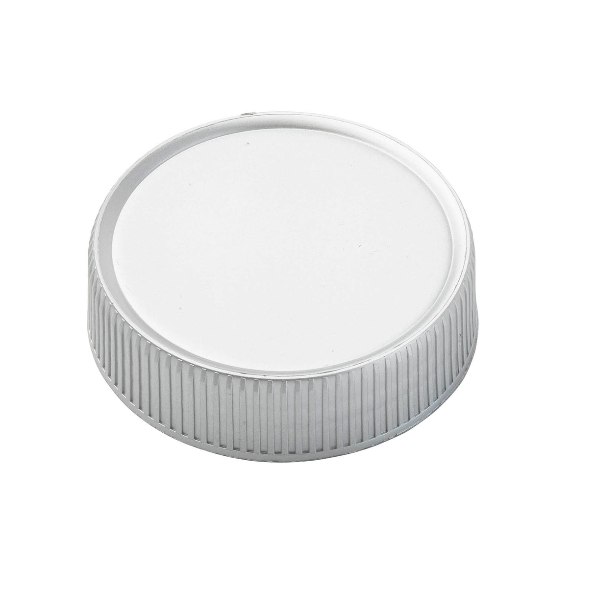 A white, round polypropylene bottle cap with a smooth top and vertical ridges along the sides, ideal as a replacement lid, photographed on a plain white background.