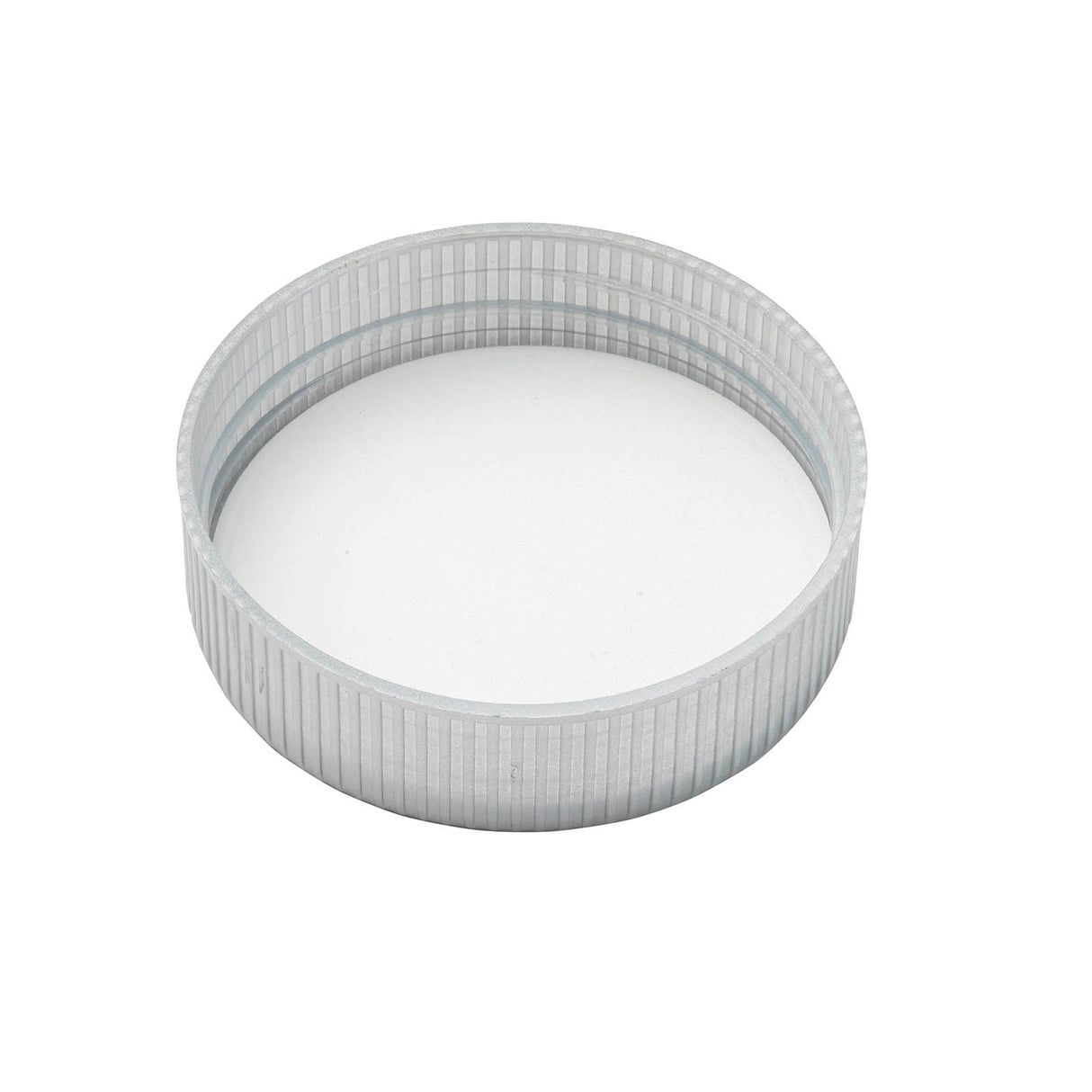 A clear, ribbed, circular polypropylene lid is shown against a white background. The lid has vertical grooves along its sides and an opaque, flat top surface. It appears to be a screw-on replacement lid, typically used for bottles or jars.
