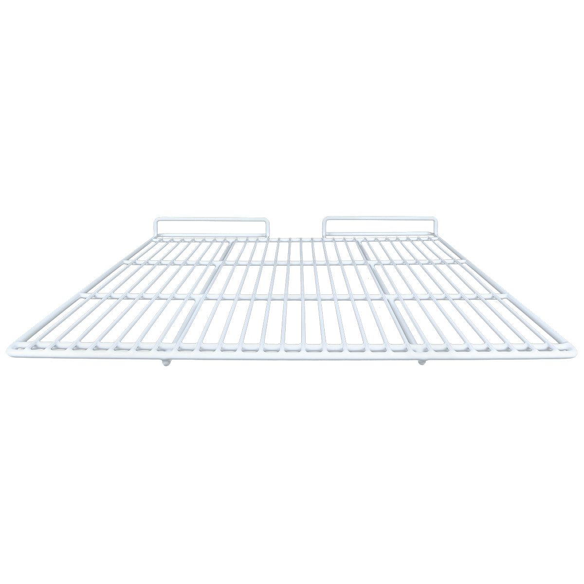 A white metal wire Left Shelf viewed from the front at a low angle, showing parallel horizontal bars and two raised rectangular supports at the back. The simple, open design is ideal for Empura Refrigeration or as a replacement Empura Part.