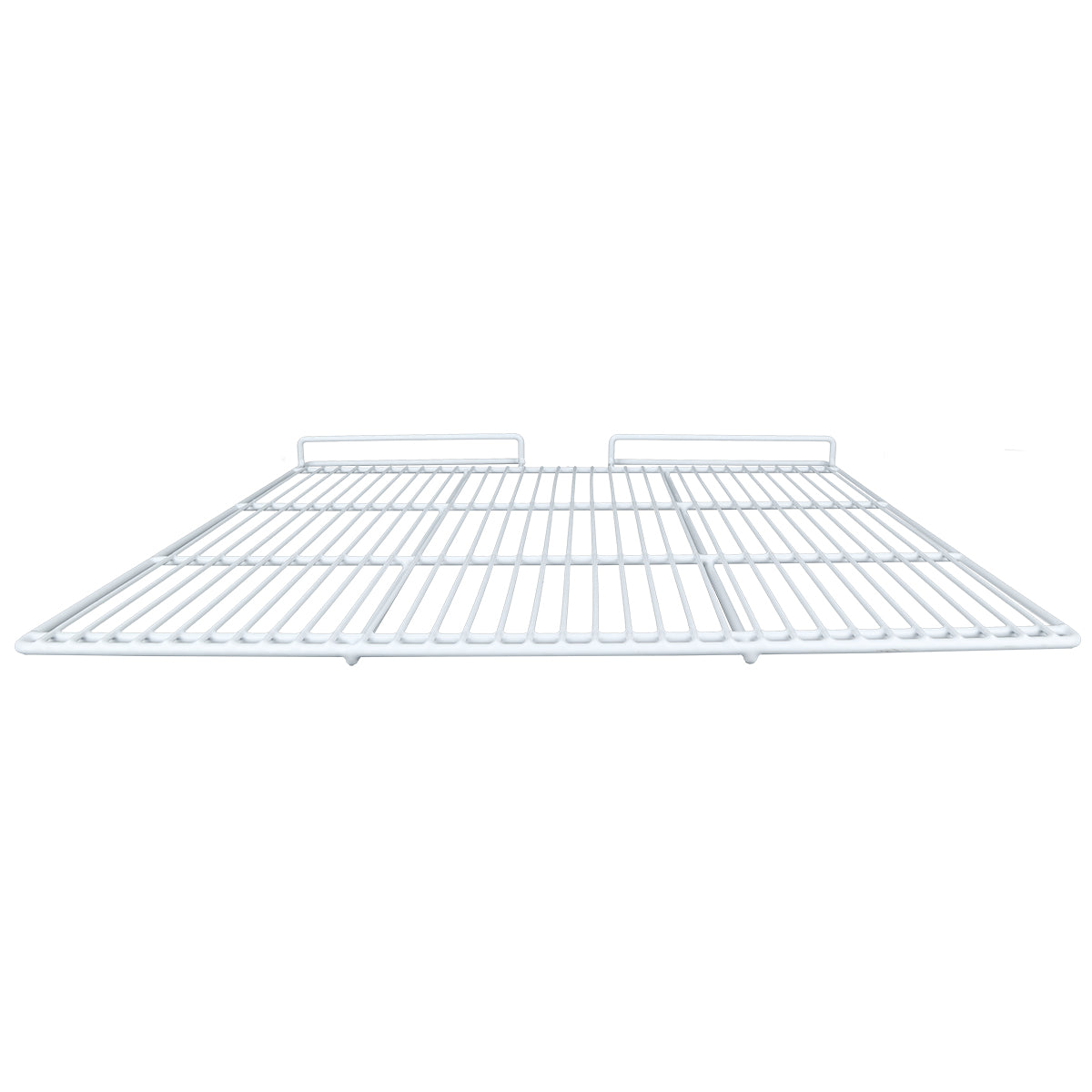A white metal wire middle shelf viewed from the front, featuring parallel horizontal bars and two raised support sections along the back edge. This open, rectangular Empura Parts design is ideal for shelving units, closets, or Empura Refrigeration systems.