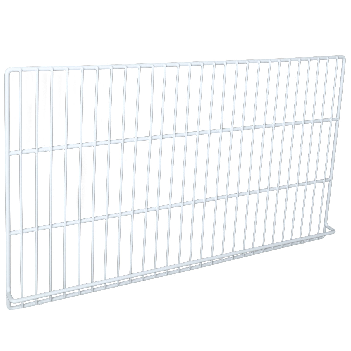 A white metal wire Empura Parts shelf panel with evenly spaced vertical and horizontal bars forms a rectangular grid. The bottom edge angles slightly, suggesting it’s a Right Shelf designed to stand upright or be mounted. The background is plain white.